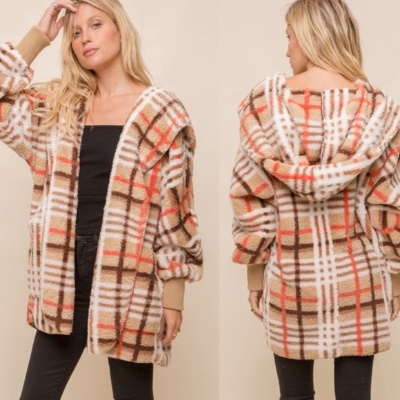 522. Last 1! Orange/Tan Boho Cozy Hood Chunky Soft  Sherpa Fleece Teddy jacket - Picture 2 of 5